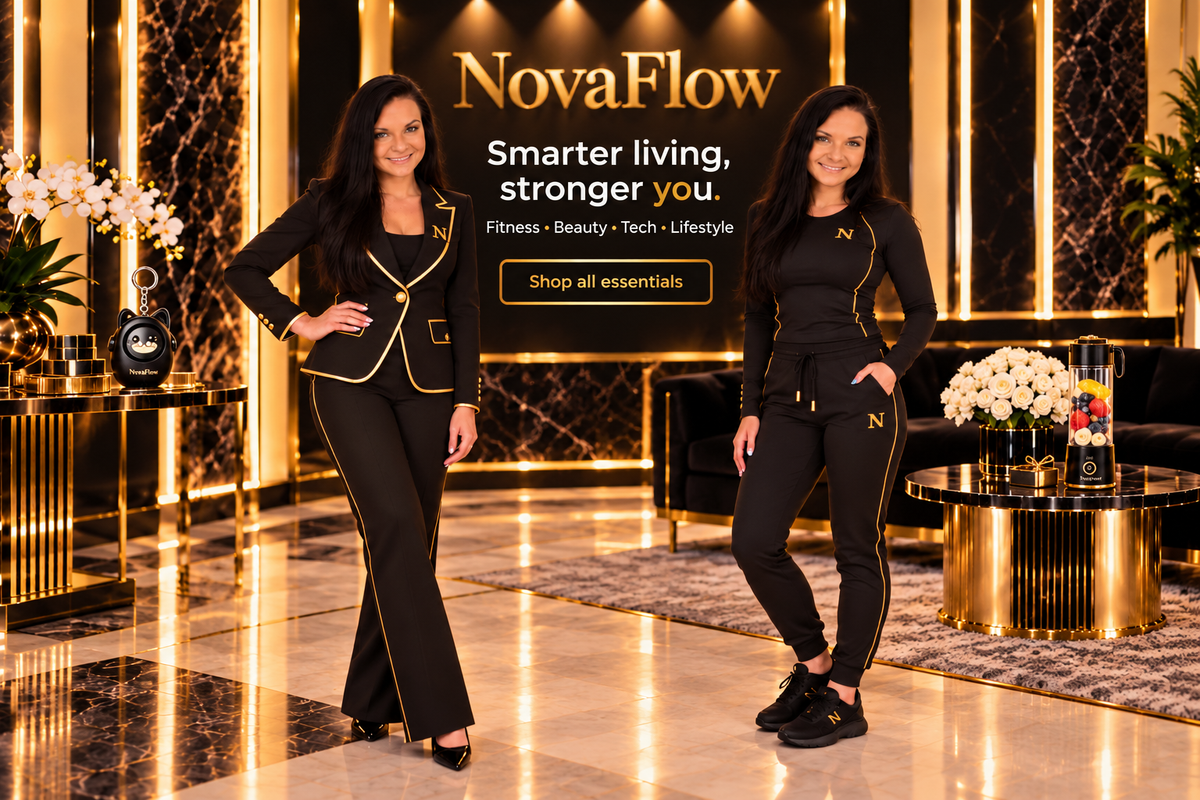 NovaFlow gold and black luxury lifestyle banner showing two Clarissa looks, safety alarm and portable blender