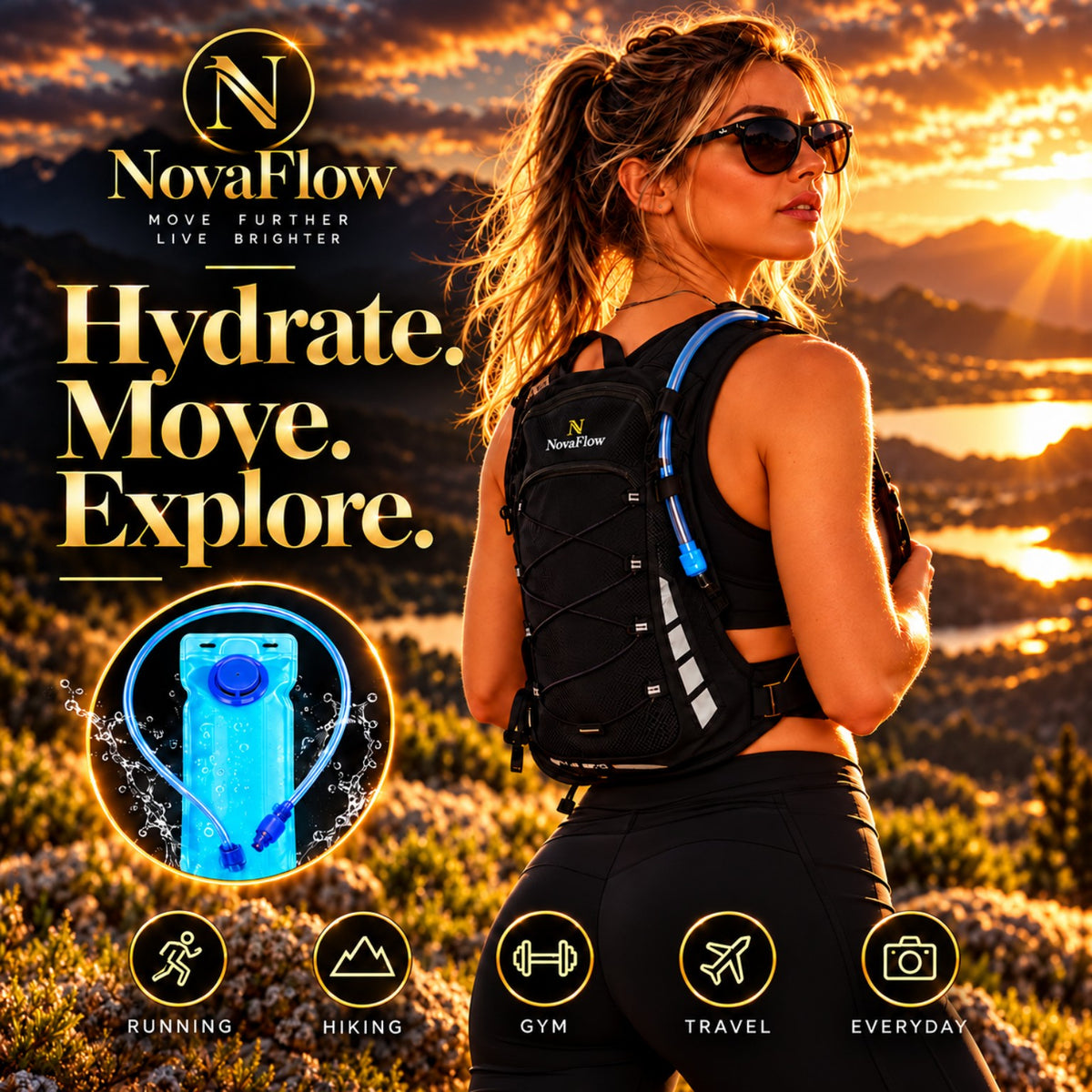 NovaFlow hydration running pack with 2L water bladder — premium outdoor hero