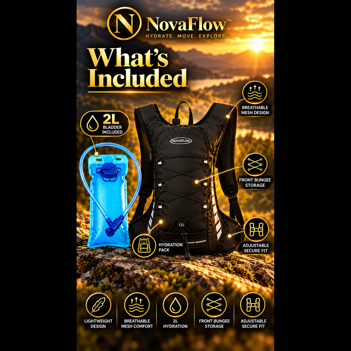 NovaFlow hydration running pack feature overview with 2L bladder