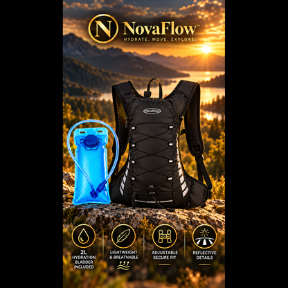 NovaFlow black hydration running pack with included 2L water bladder