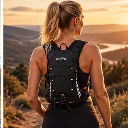 Rear view of black NovaFlow hydration running pack worn outdoors