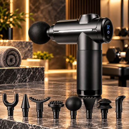 Black rechargeable massage gun with 8 interchangeable heads, premium product photo