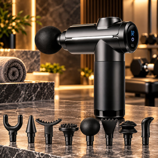 Black rechargeable massage gun with 8 interchangeable heads, premium product photo