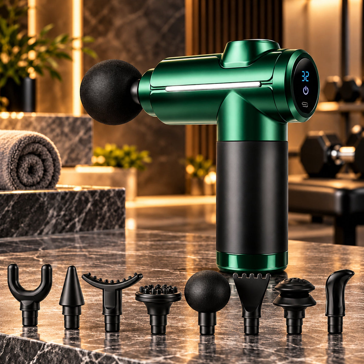 Green rechargeable massage gun with 8 interchangeable heads, premium product photo