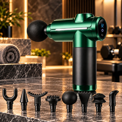 Green rechargeable massage gun with 8 interchangeable heads, premium product photo