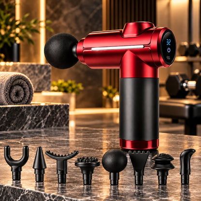 Red rechargeable massage gun with 8 interchangeable heads, premium product photo