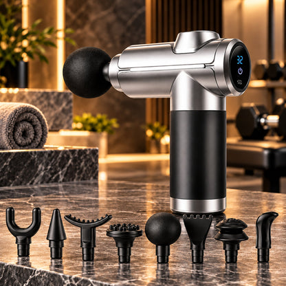 Silver rechargeable massage gun with 8 interchangeable heads, premium product photo