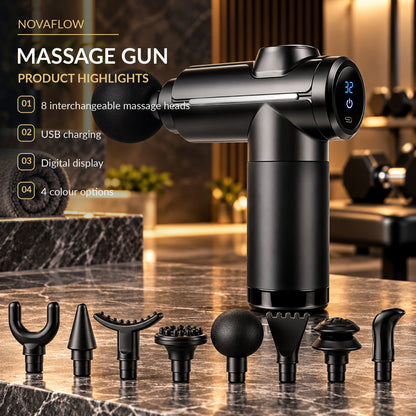 Massage gun specs: 8 heads, USB charging, digital display, 4 colours