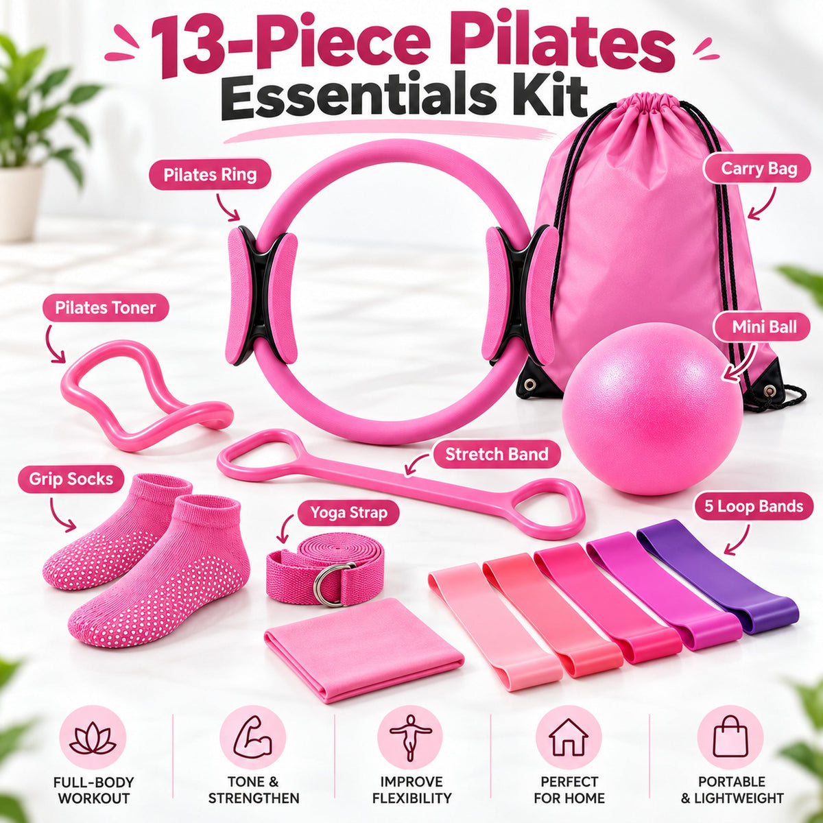 Pink Pilates equipment 13-piece kit contents laid out