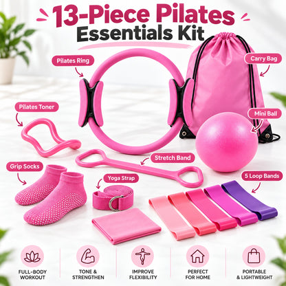 Pink Pilates equipment 13-piece kit contents laid out