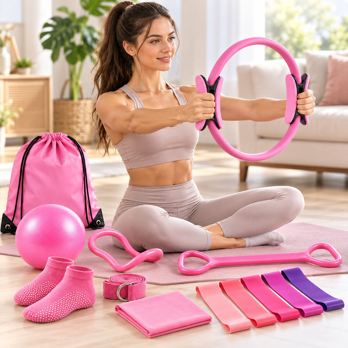 Pilates workout model using pink ring from 13-piece home exercise kit