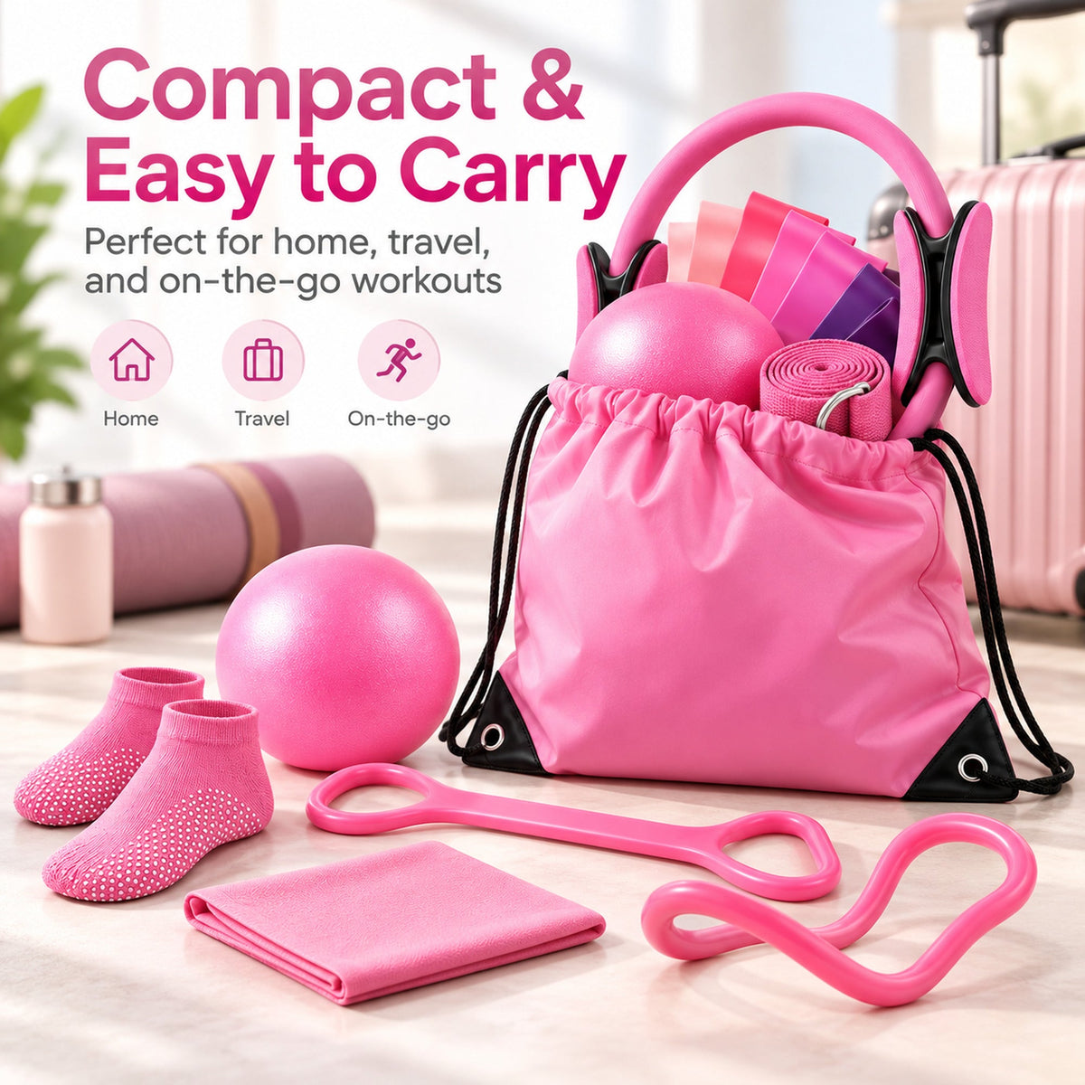 Pink Pilates kit with portable drawstring carry bag