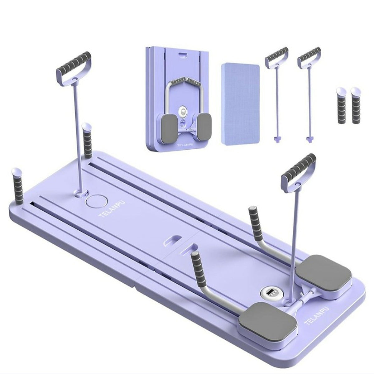 Purple foldable Pilates reformer board set with accessories