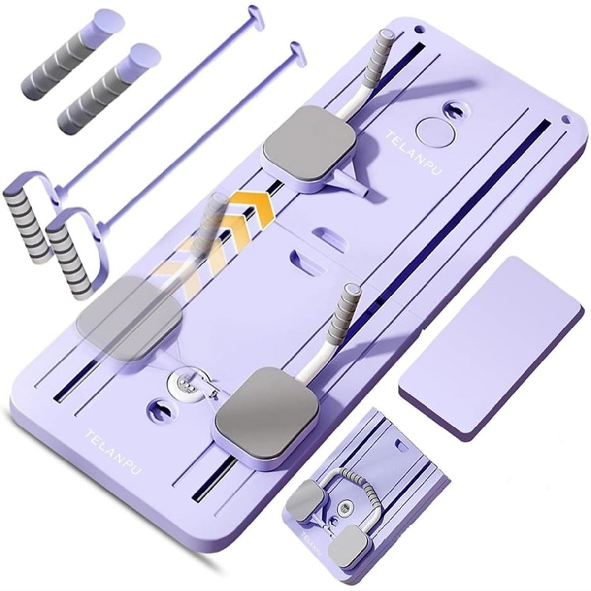 Purple Pilates reformer board set showing top-view and folded form