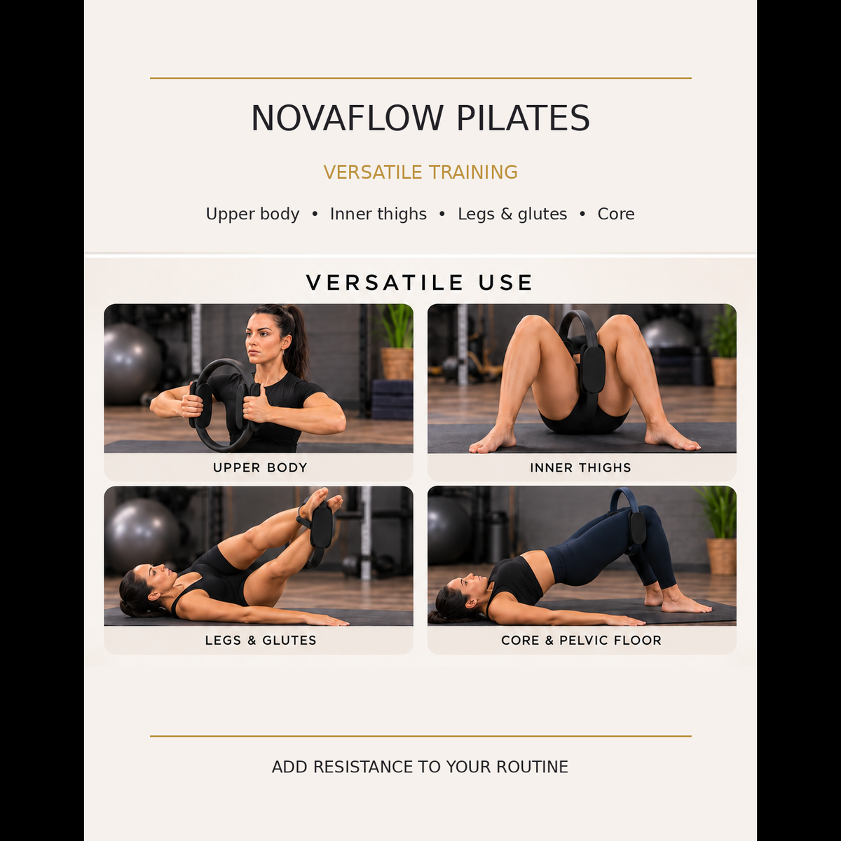 Pilates Ring workout demonstrations for upper body, thighs, glutes and core; illustrated examples