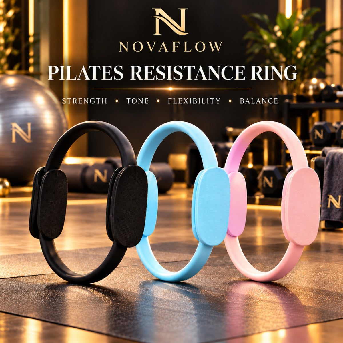 NovaFlow Pilates Resistance Ring in black, blue and pink — premium hero
