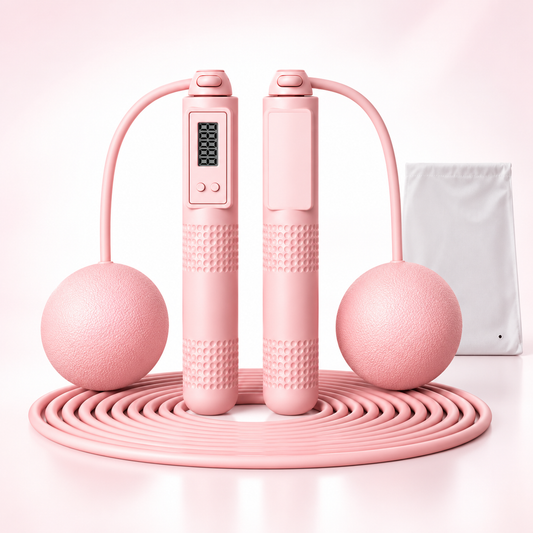 Pink NovaFlow 2-in-1 digital skipping rope with weighted balls, cord and storage bag