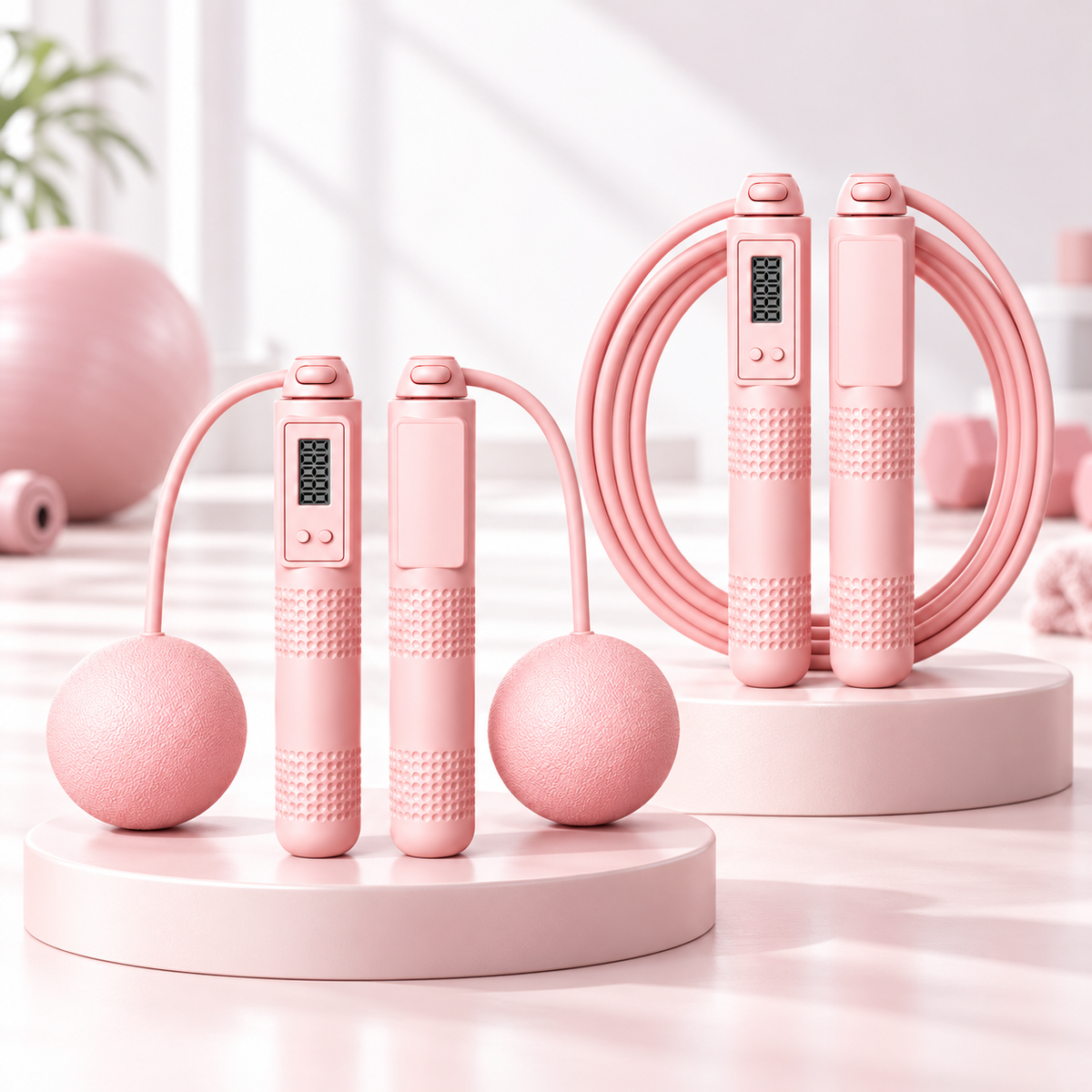 Pink skipping rope in corded and cordless configurations