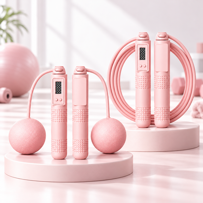 Pink skipping rope in corded and cordless configurations
