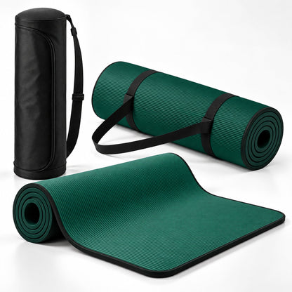 Evergreen green 10mm NBR yoga mat and carry accessories