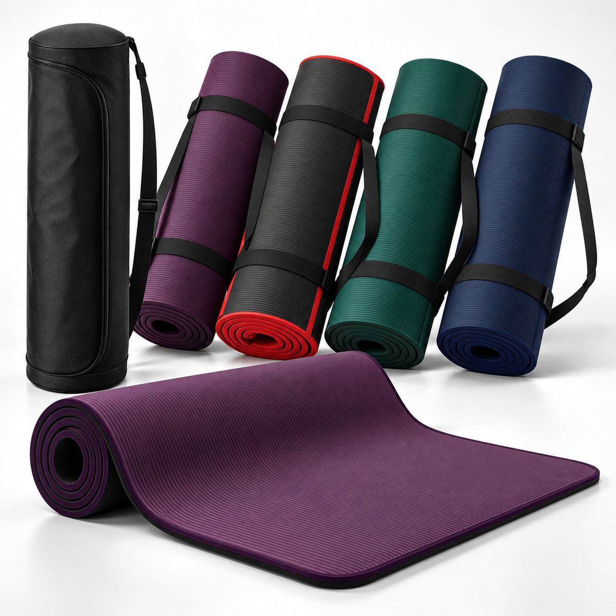 Premium NovaFlow yoga and exercise mats — four colours with carry bag