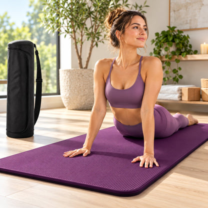 Model exercising on purple Boysenberry 10mm yoga mat
