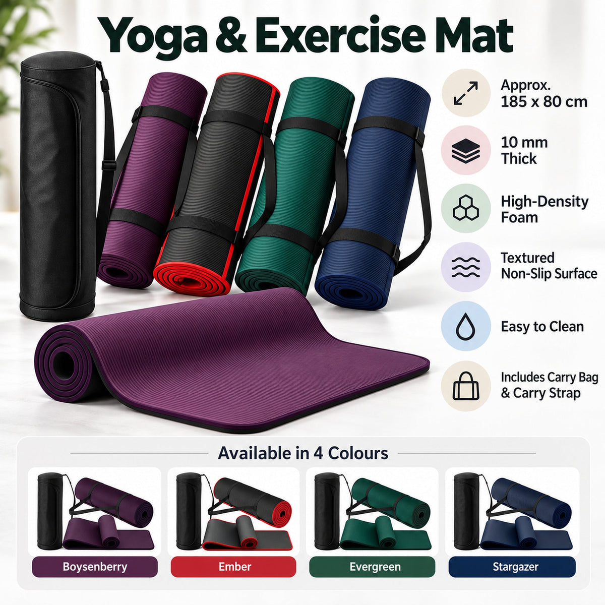 10mm yoga mat size and feature guide for four colours