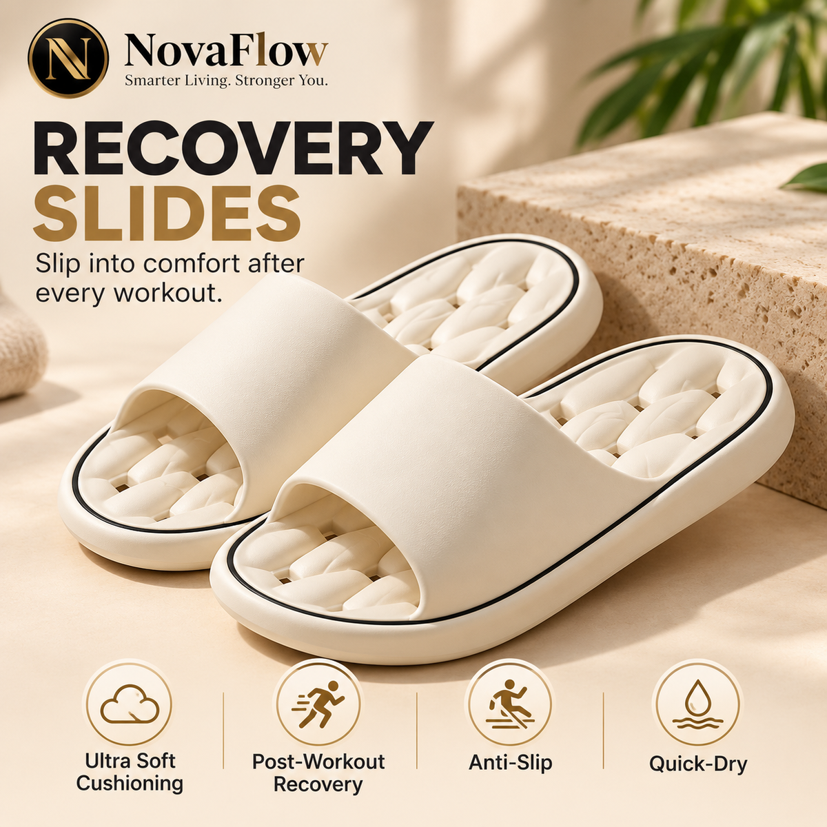 NovaFlow Recovery Slides hero image with cushioned post-workout comfort features
