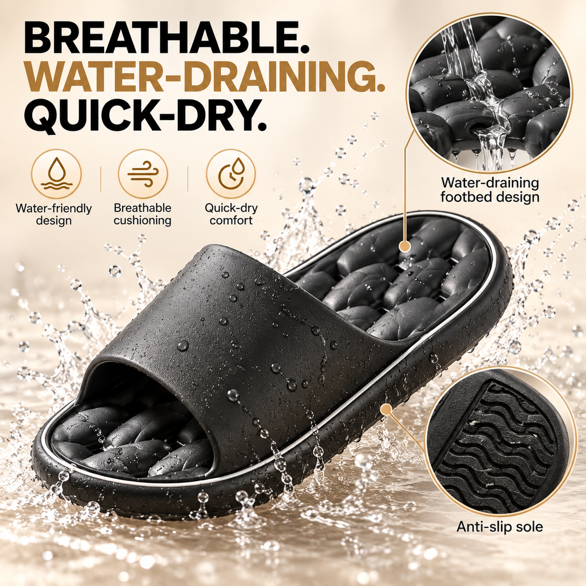NovaFlow Recovery Slide showing water-draining quick-dry cushioned footbed and anti-slip sole