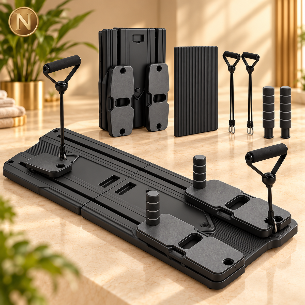 NovaFlow black foldable Pilates reformer board set with accessories