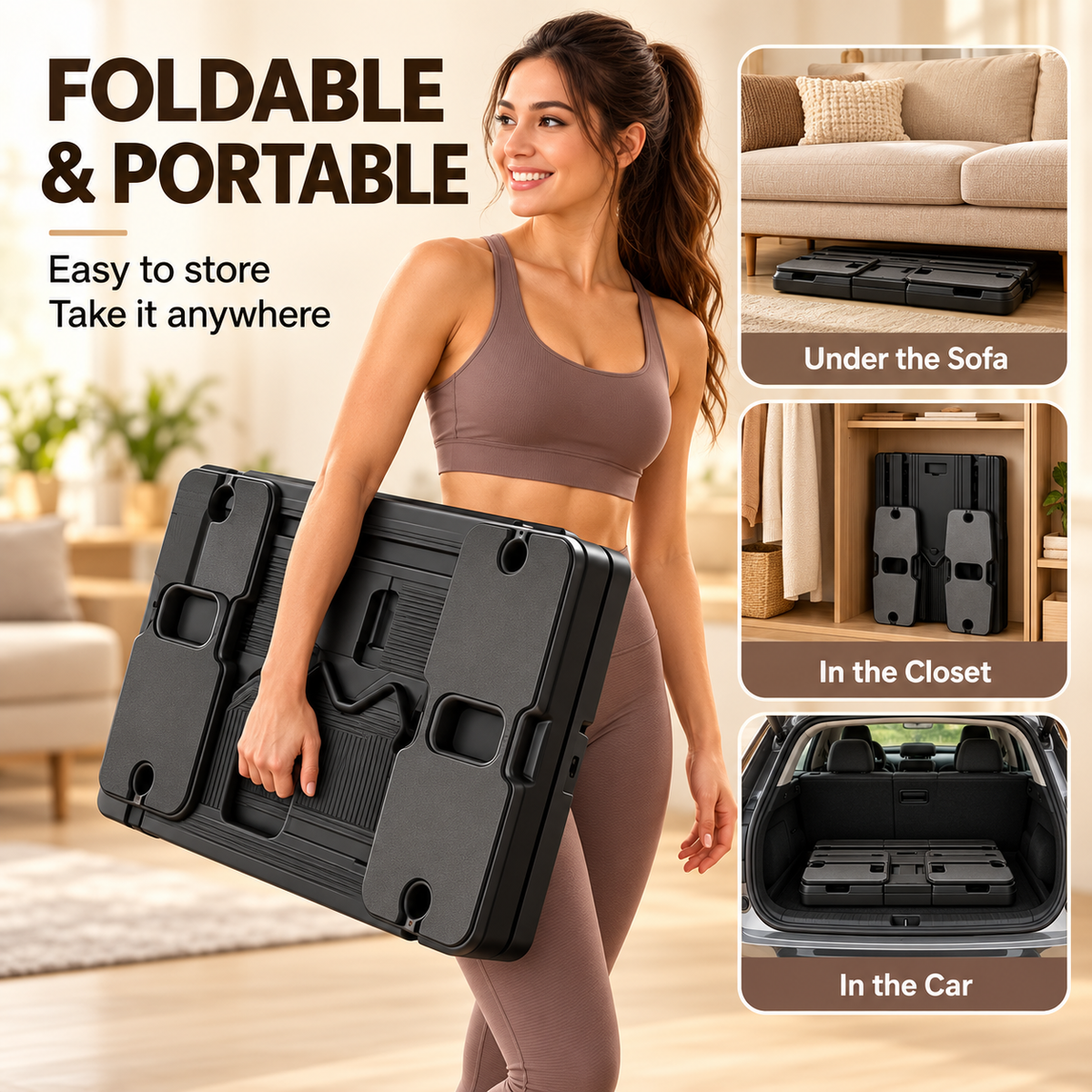 NovaFlow black foldable Pilates reformer board shown for portable storage