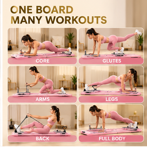 NovaFlow Pilates reformer board exercise variations for core glutes arms legs and back