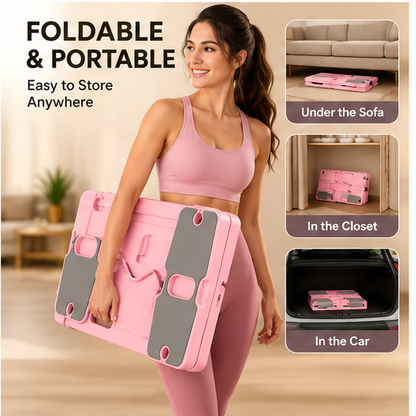 NovaFlow foldable Pilates reformer board shown for compact home storage