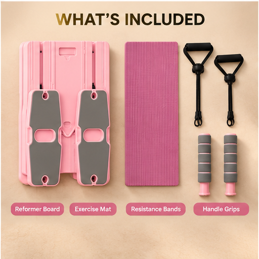 NovaFlow Pilates reformer board set contents including resistance bands knee mat and grips
