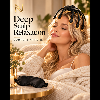 Woman relaxing at home with NovaFlow scalp massager