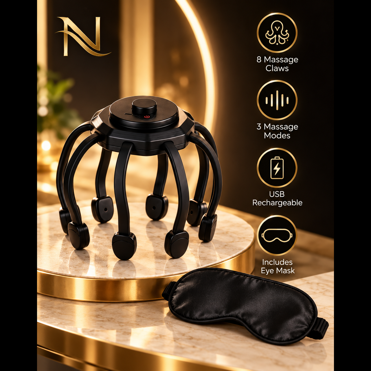 NovaFlow scalp massager feature display with eye mask