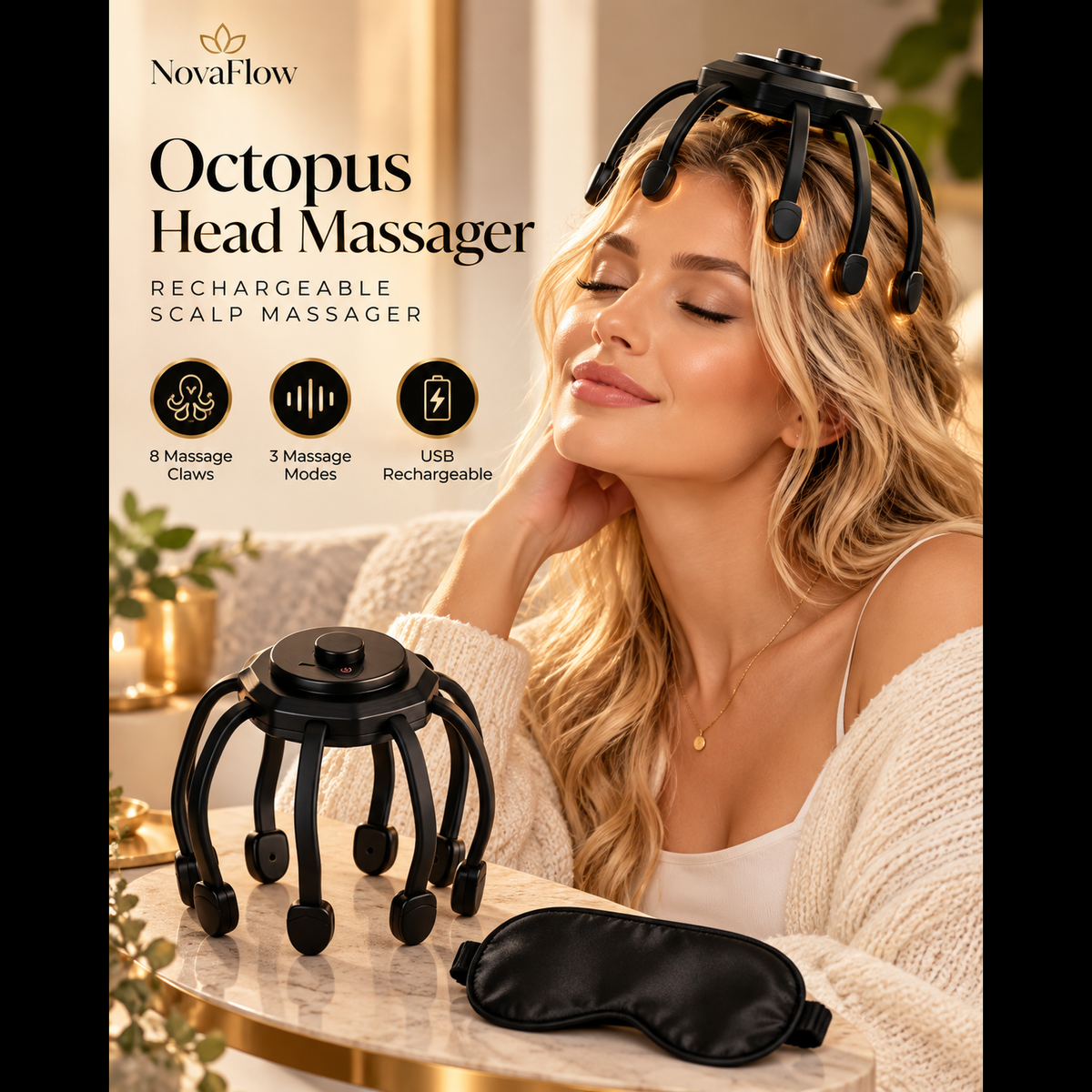 NovaFlow rechargeable scalp massager lifestyle hero with eye mask