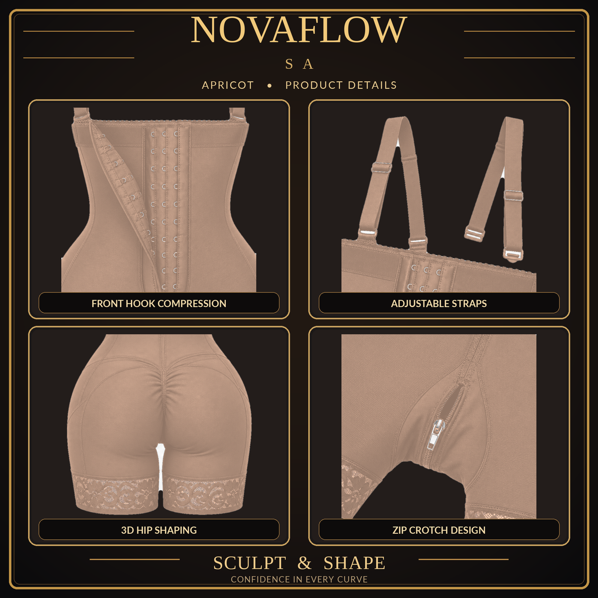 NovaFlow SA apricot shapewear product details — adjustable straps, hook compression, hip cut, crotch zipper