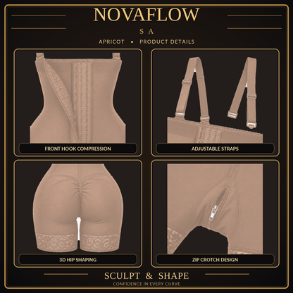 NovaFlow SA apricot shapewear product details — adjustable straps, hook compression, hip cut, crotch zipper