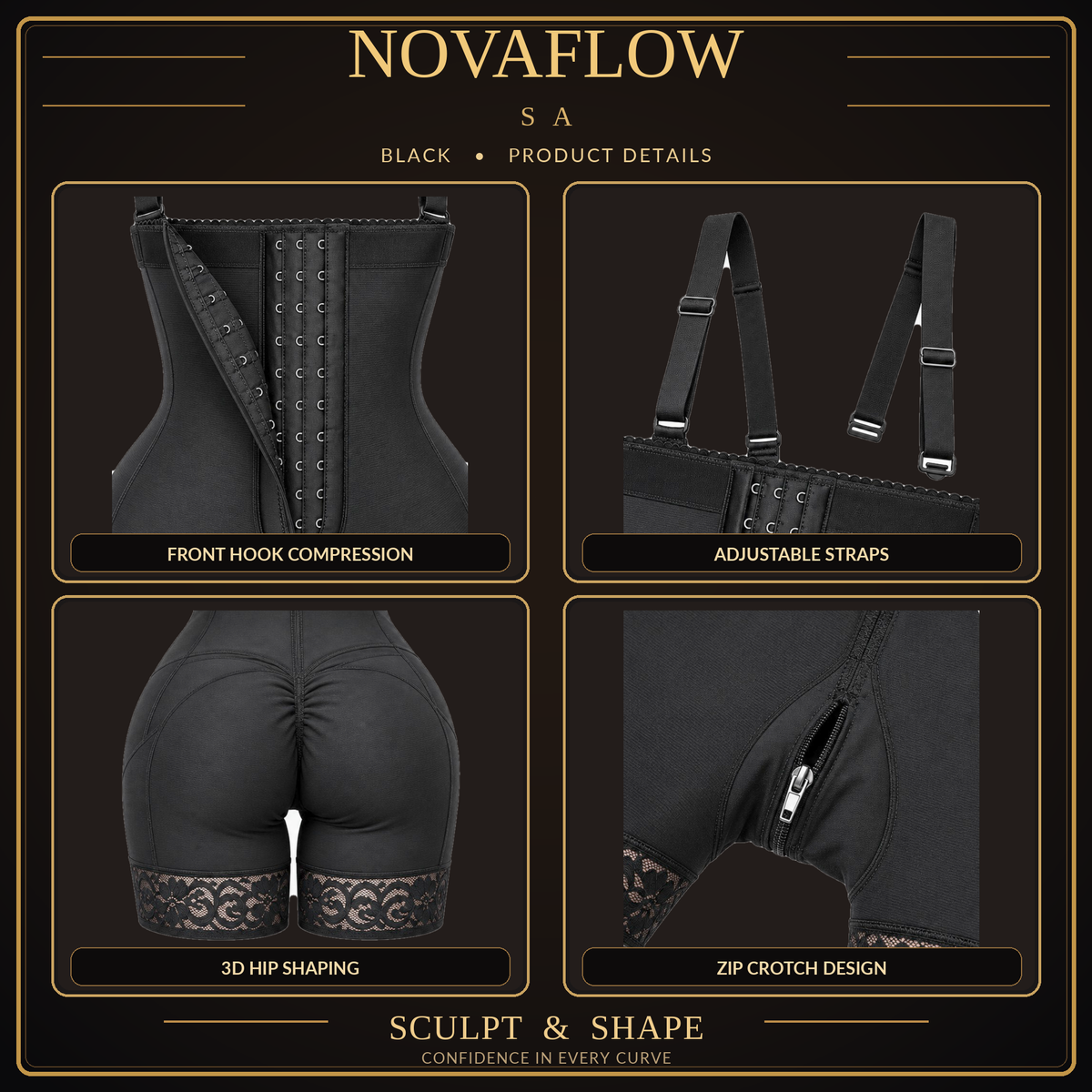 NovaFlow SA black shapewear product details — adjustable straps, hook compression, hip cut, crotch zipper