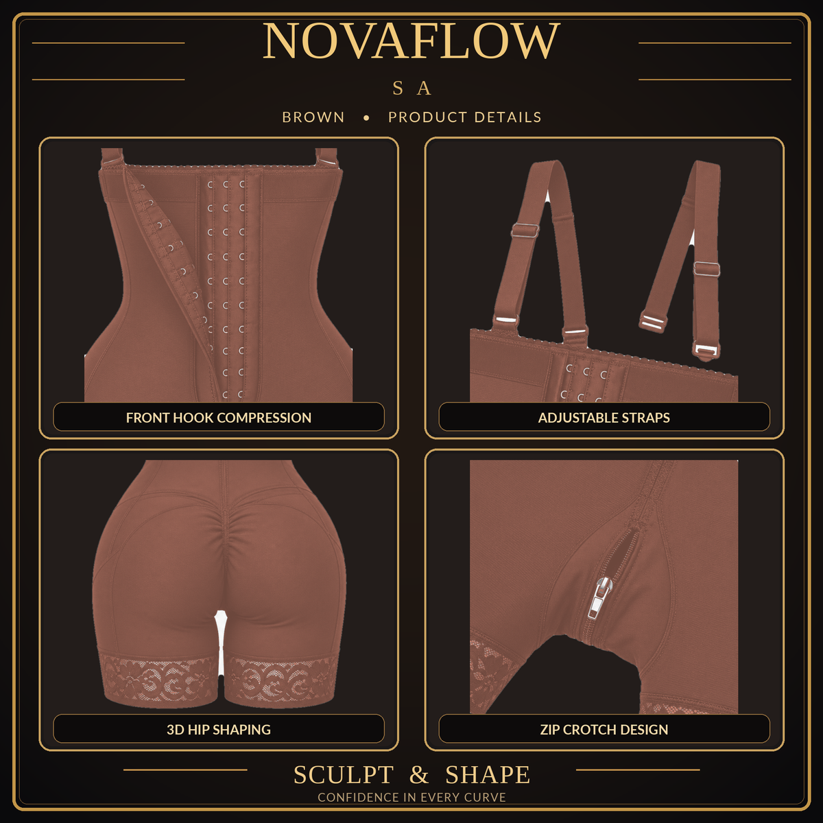 NovaFlow SA brown shapewear product details — adjustable straps, hook compression, hip cut, crotch zipper