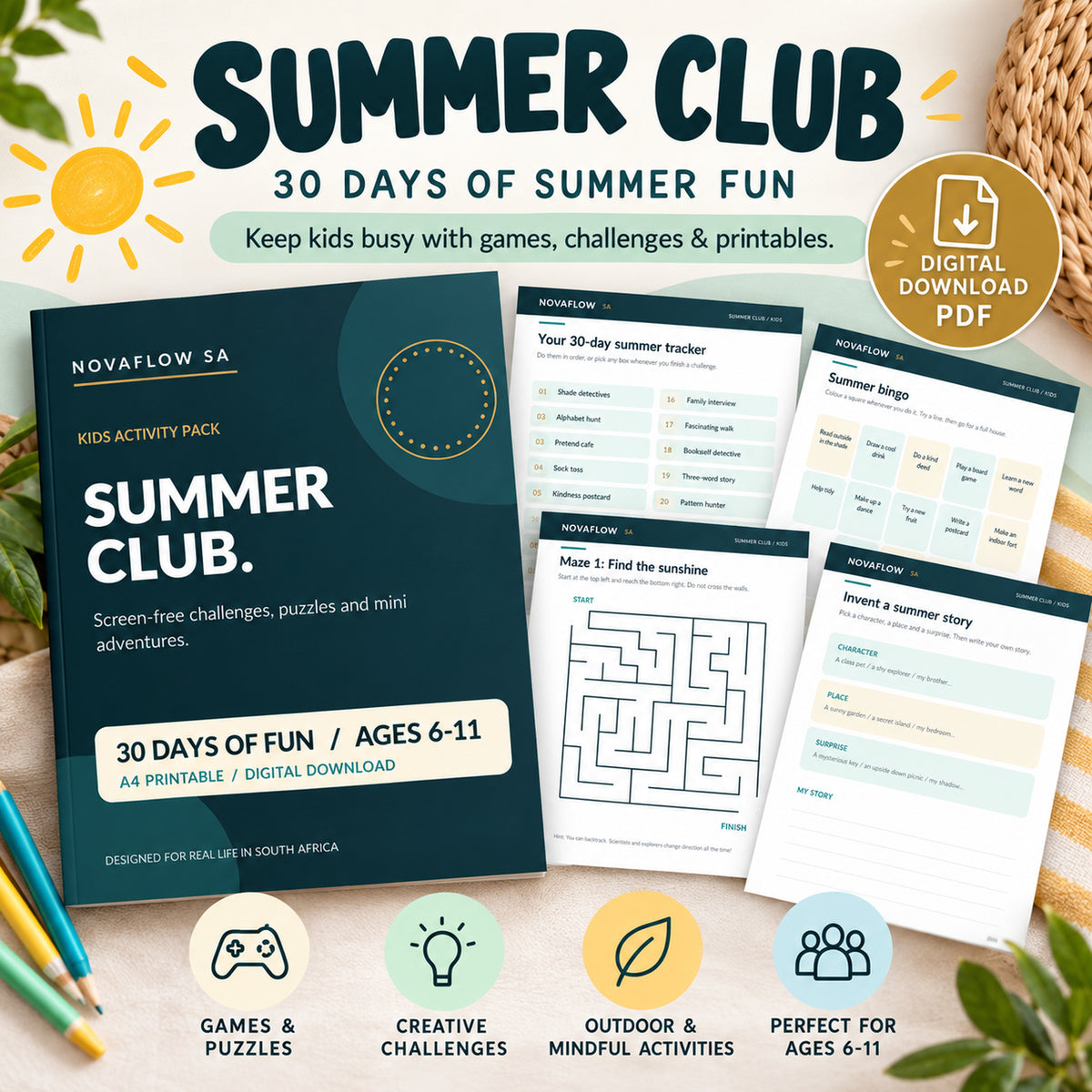 Summer Club kids holiday activity pack printable PDF - NovaFlow SA