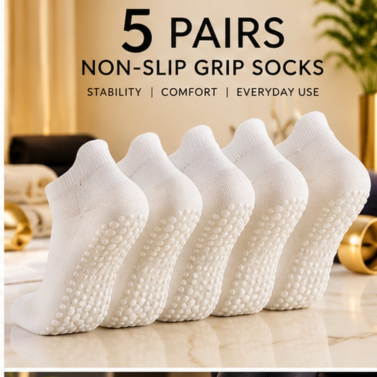 NovaFlow white non-slip grip socks – 5 matching pairs