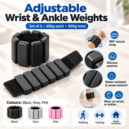 Set of two wrist and ankle weights: 450 g each, 900 g combined; Black, Grey, Pink
