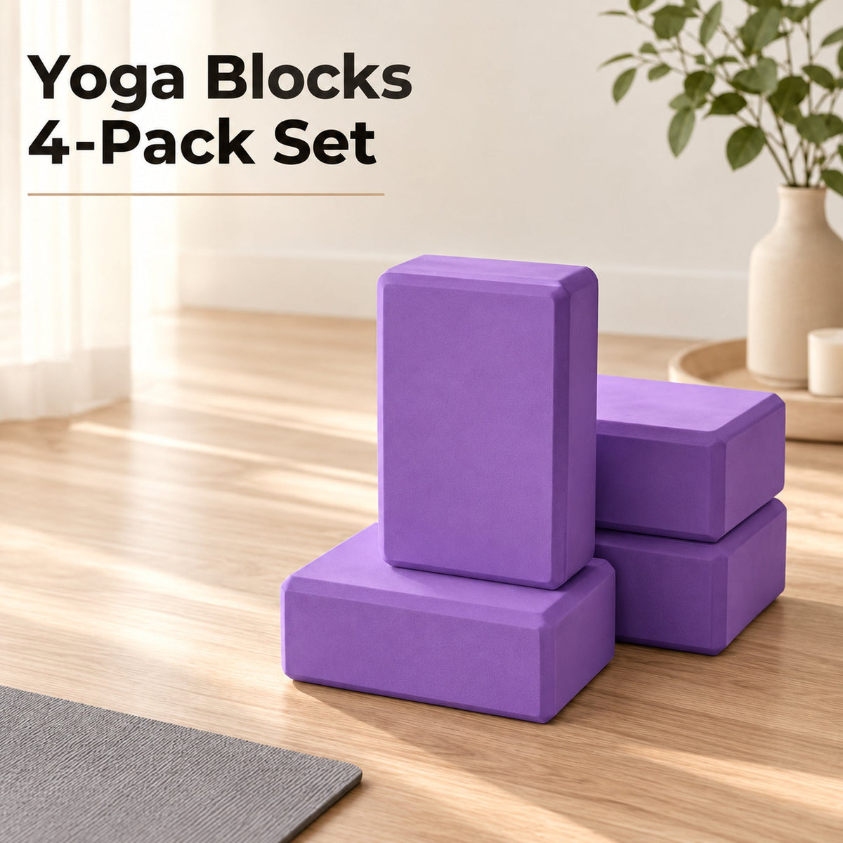 Four NovaFlow high-density EVA yoga blocks in purple, set of four