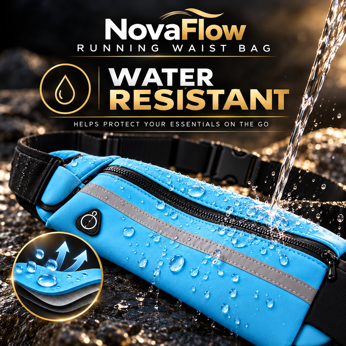NovaFlow running waist bag – splash resistance as illustrated