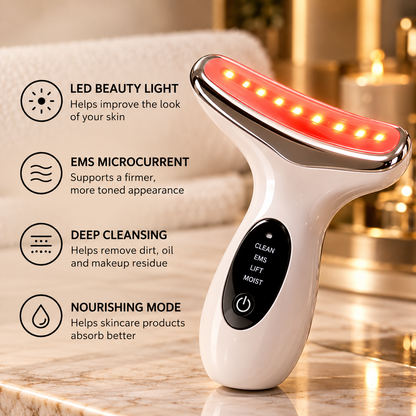 NovaGlow LED facial and neck beauty device feature overview with LED light and skincare modes