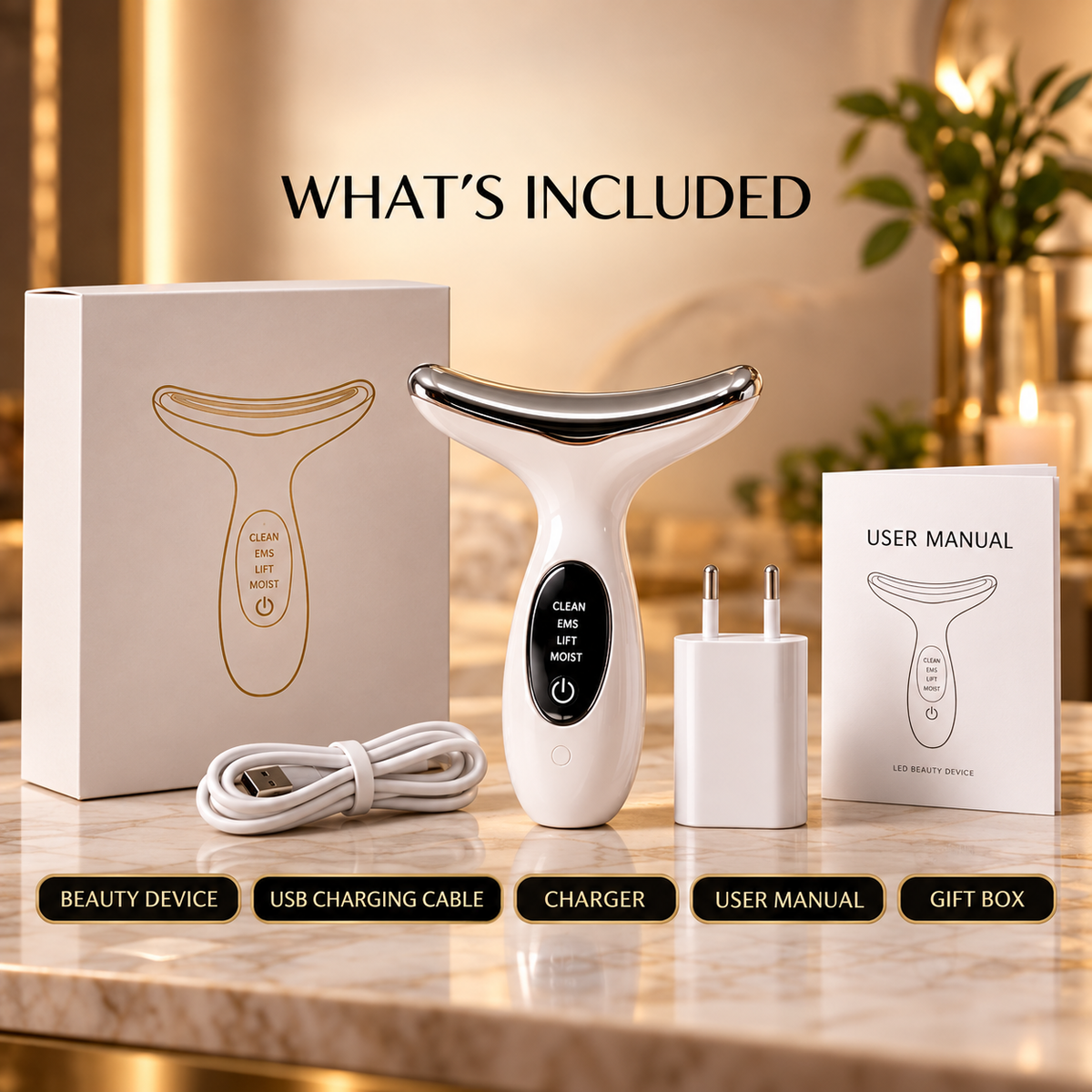 NovaGlow LED facial and neck beauty device with charging cable charger box and user manual