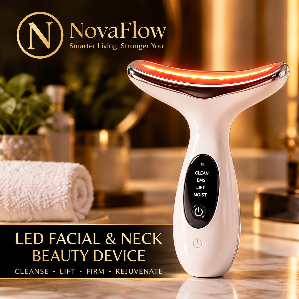 NovaGlow LED facial and neck beauty device in a premium vanity setting